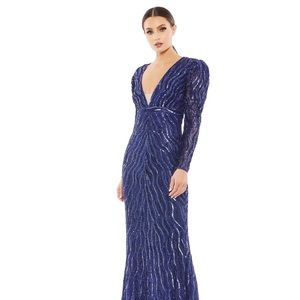 BEADED PUFF SLEEVE TRUMPET EVENING GOWN